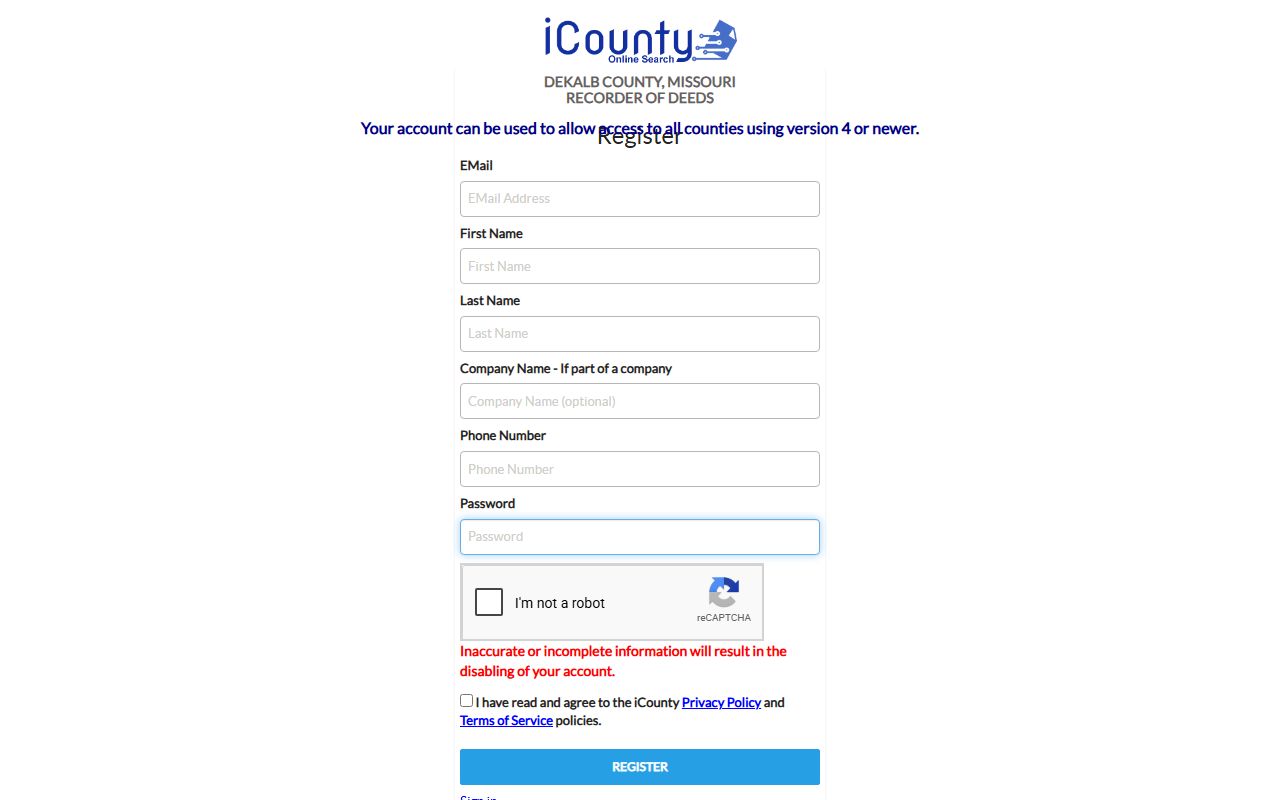 DeKalb County court records iCounty registration page